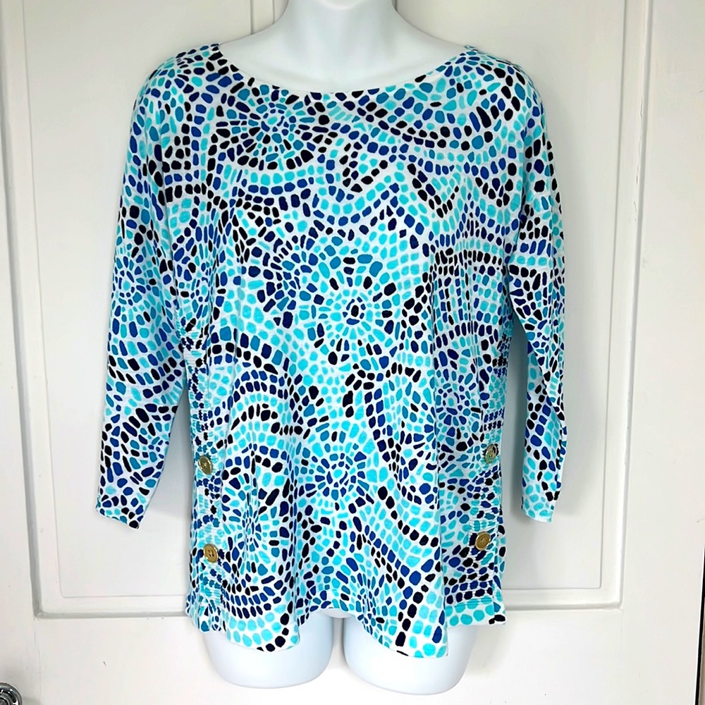 NWT Turquoise, Royal Blue, Navy Mosaic Tile Print Cotton Knit top Talbots XS